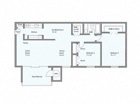 Floor plan for 2 beds, 1 bath, 1069 sqft
