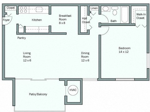 Floor plan for 1 bed, 1 bath, 800 sqft