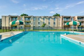 Forestville apartment for rent - A large swimming pool in front of apartment buildings.