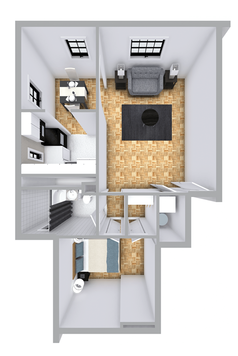 Floor plan for 1 bed, 1 bath, 644 sqft
