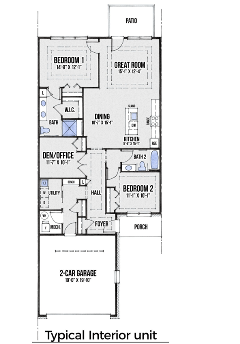 Floor plan for 2 beds, 2 baths, 1489 sqft