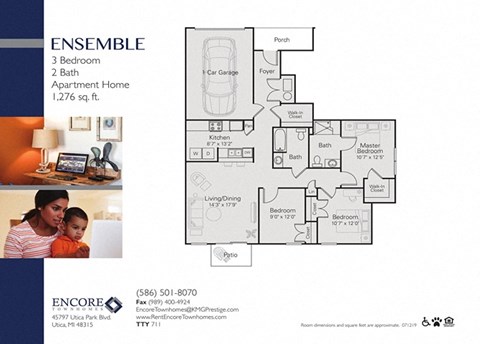 Floor plan for 3 beds, 2 baths, 1276 sqft