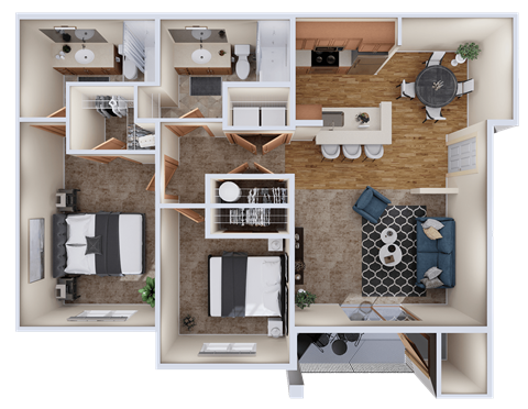 Floor plan for 2 beds, 2 baths, 973 sqft