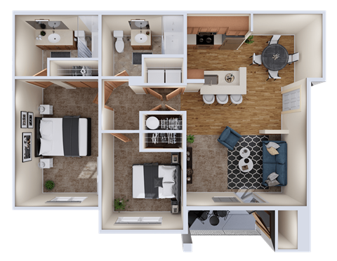 Floor plan for 2 beds, 2 baths, 973 sqft