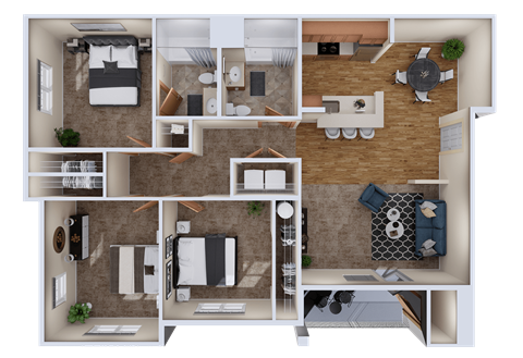 Floor plan for 3 beds, 2 baths, 1121 sqft