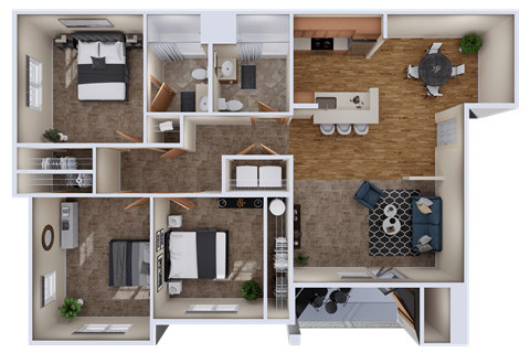 Floor plan for 3 beds, 2 baths, 1143 sqft
