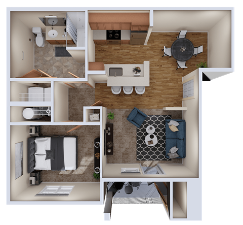 Floor plan for 1 bed, 1 bath, 672 sqft