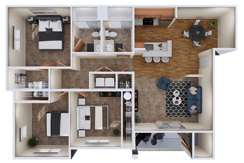 Floor plan for 3 beds, 2 baths, 1143 sqft
