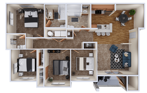 Floor plan for 4 beds, 2 baths, 1222 sqft
