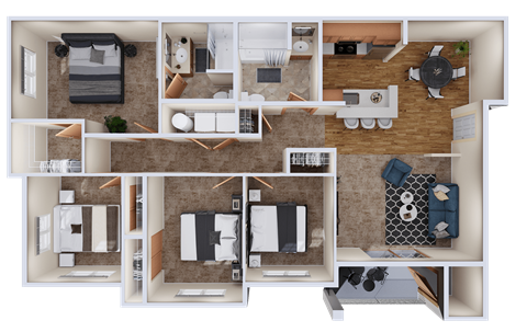 Floor plan for 4 beds, 2 baths, 1277 sqft