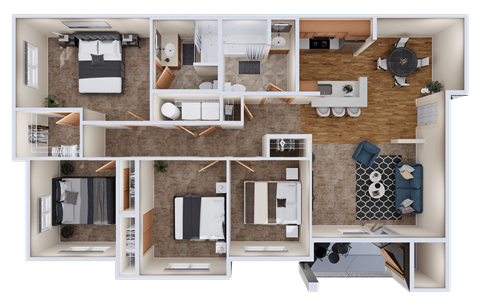 Floor plan for 4 beds, 2 baths, 1277 sqft