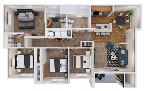 Floor plan for 4 beds, 2 baths, 1298 sqft
