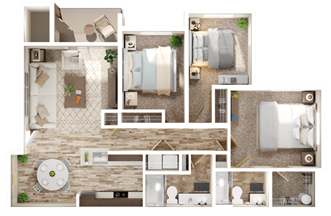 Floor plan for 3 beds, 2 baths, 1291 sqft