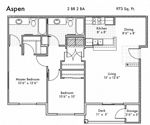 Floor plan for 2 beds, 2 baths, 973 sqft