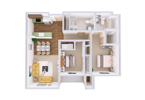 Floor plan for 2 beds, 2 baths, 1077 sqft