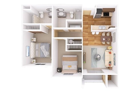 Floor plan for 2 beds, 2 baths, 990 sqft