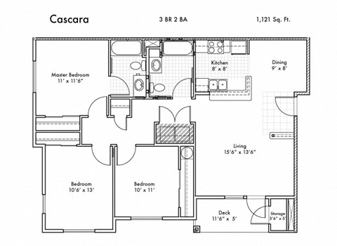Floor plan for 3 beds, 2 baths, 1121 sqft