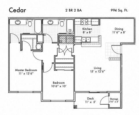 Floor plan for 2 beds, 2 baths, 994 sqft