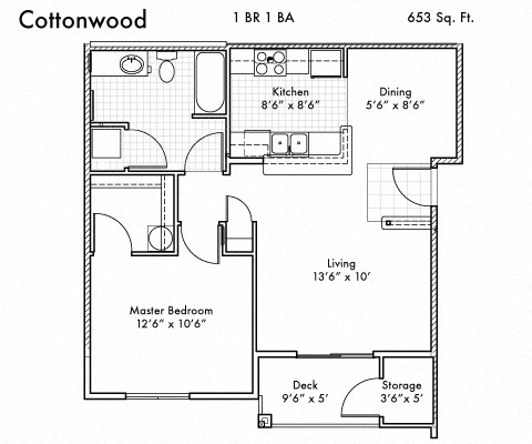 Floor plan for 1 bed, 1 bath, 653 sqft