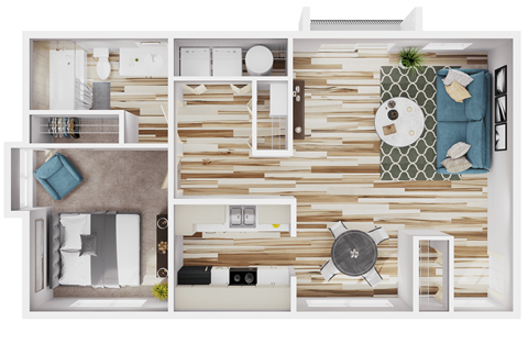 Floor plan for 1 bed, 1 bath, 671 sqft