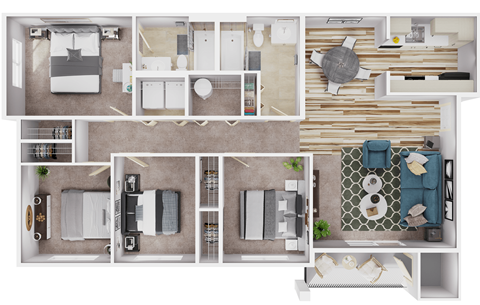 Floor plan for 4 beds, 2 baths, 1279 sqft