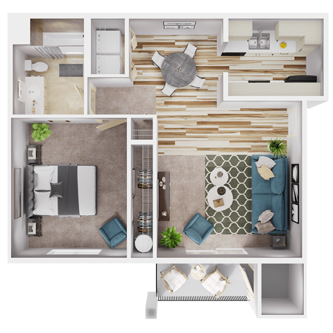Floor plan for 1 bed, 1 bath, 767 sqft