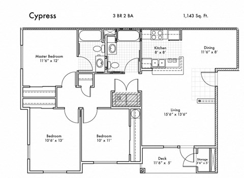 Floor plan for 3 beds, 2 baths, 1143 sqft
