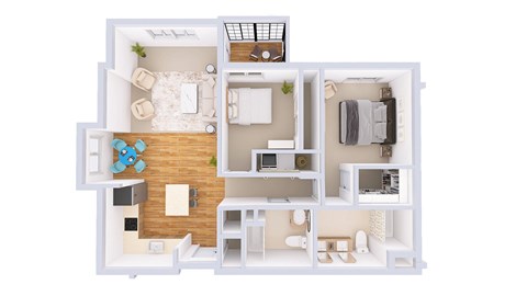 Floor plan for 2 beds, 2 baths, 1057 sqft
