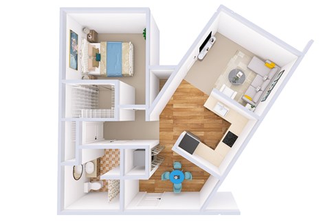 Floor plan for 1 bed, 1 bath, 889 sqft