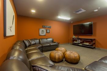 Media room, theater seating with tv