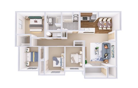 Floor plan for 4 beds, 2 baths, 1301 sqft