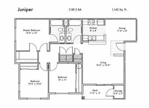 Floor plan for 3 beds, 2 baths, 1143 sqft