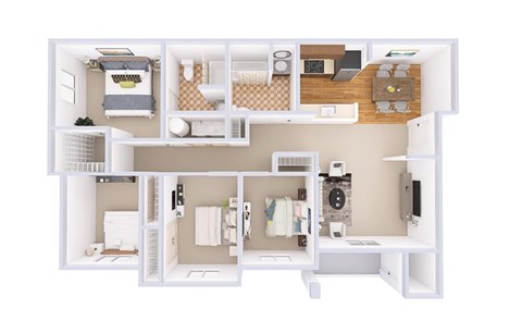 Floor plan for 4 beds, 2 baths, 1369 sqft