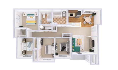 Floor plan for 4 beds, 2 baths, 1369 sqft