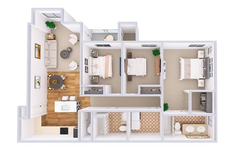 Floor plan for 3 beds, 2 baths, 1382 sqft