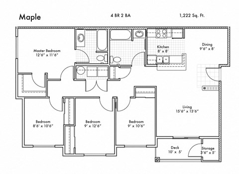 Floor plan for 4 beds, 2 baths, 1222 sqft