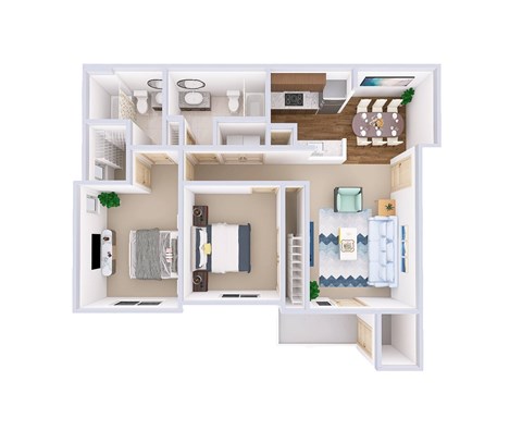 Floor plan for 2 beds, 2 baths, 1022 sqft