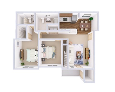 Floor plan for 2 beds, 2 baths, 1022 sqft