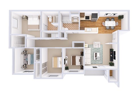 Floor plan for 4 beds, 2 baths, 1244 sqft
