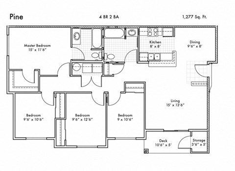 Floor plan for 4 beds, 2 baths, 1277 sqft
