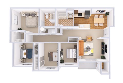 Floor plan for 4 beds, 2 baths, 1222 sqft