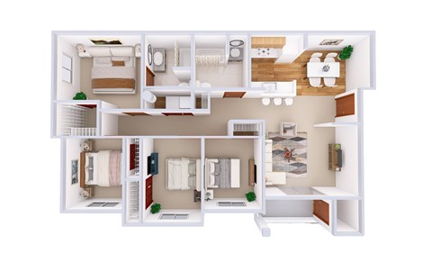 Floor plan for 4 beds, 2 baths, 1301 sqft