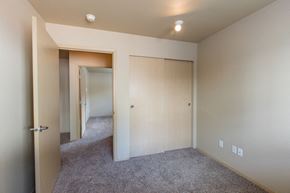 Vancouver apartment for rent - a bedroom with a carpeted floor and a door to a closet