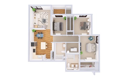 Floor plan for 3 beds, 2 baths, 1383 sqft
