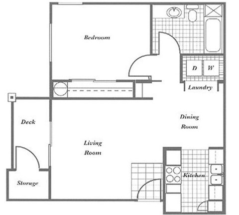 Floor plan for 1 bed, 1 bath, 767 sqft