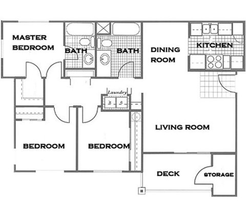 Floor plan for 3 beds, 2 baths, 1213 sqft