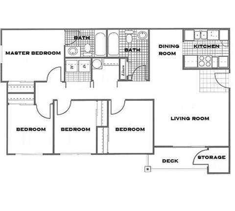 Floor plan for 4 beds, 2 baths, 1258 sqft