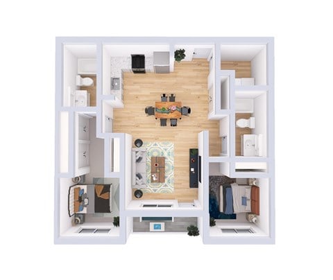 Floor plan for 2 beds, 2 baths, 1077 sqft