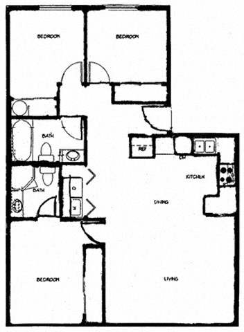 Floor plan for 3 beds, 2 baths, 948 sqft