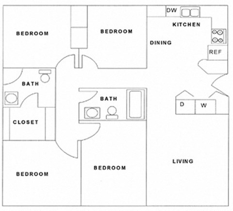 Floor plan for 4 beds, 2 baths, 1023 sqft